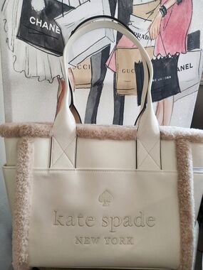 Kate Spade Logo Cream Patent Leather Tote with Shearling Trim NWT